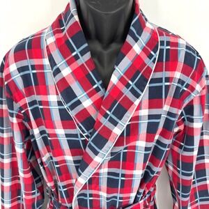 Alexander Del Rossa Mens Red Navy Plaid Cotton Shawl Collar Robe Size M